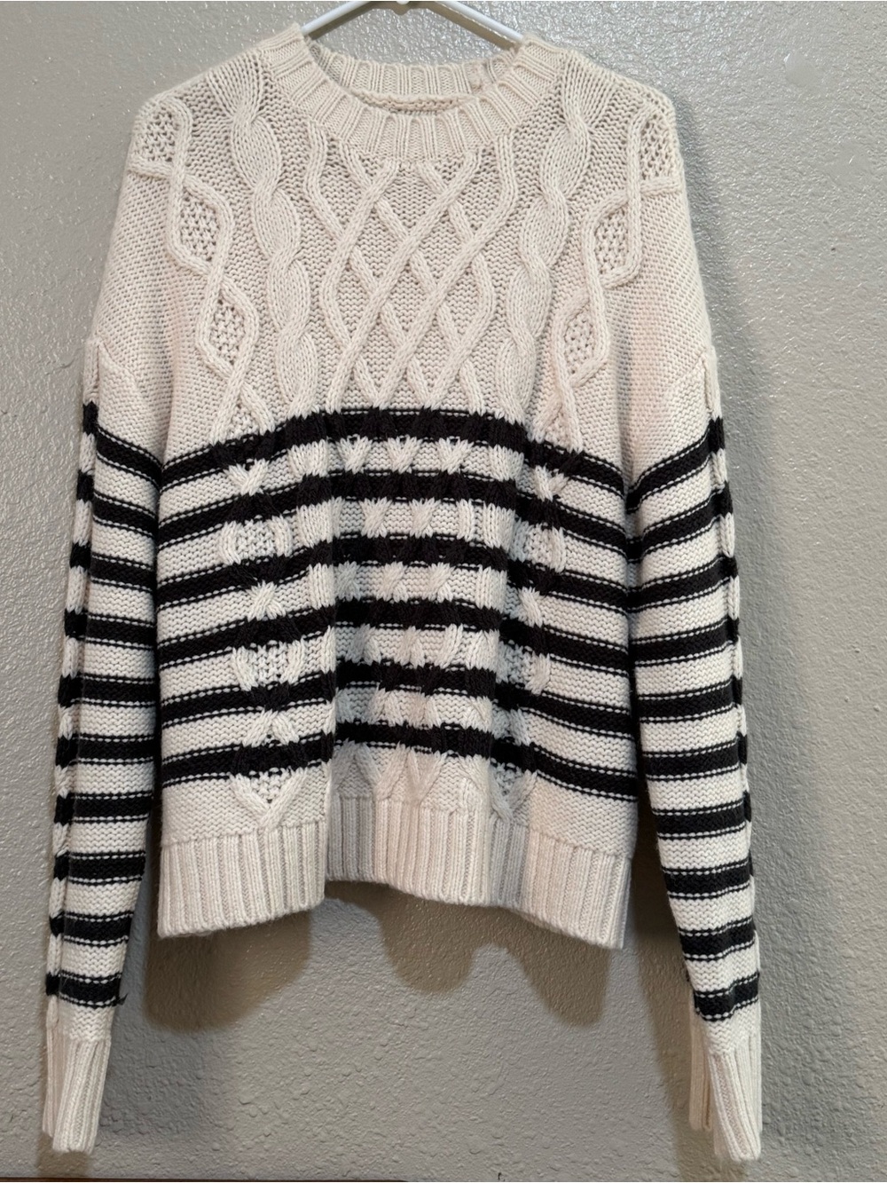 Chunky Cream Fisherman Cable Knit Sweater Navy Sailor Stripe Women’s Sz. Large